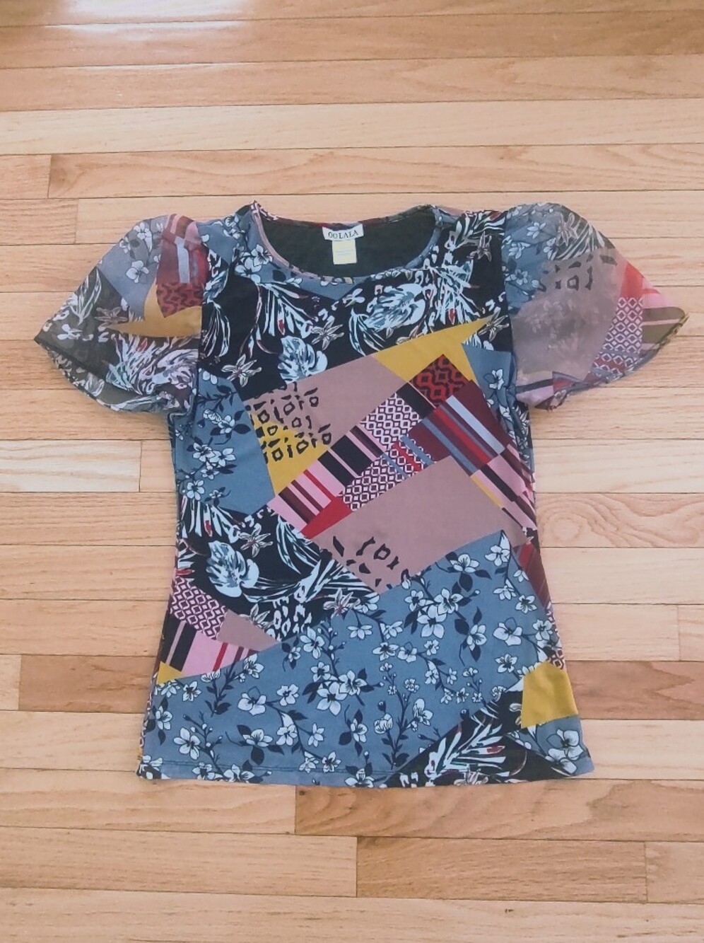 Oo La La vintage mesh floral patchwork tee t-shirt top S EUC